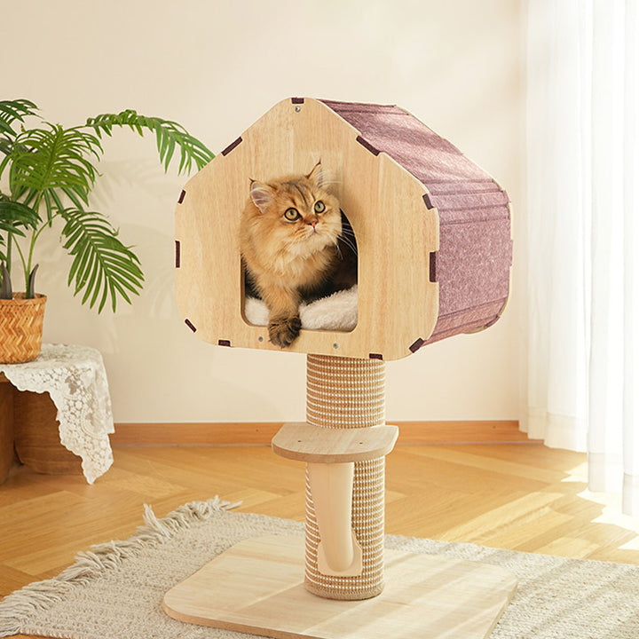 Contemporary Scandinavian Square Medium-Density Fiberboard Sisal Mat Felt Treehouse-Style Cat Tree 2-Tier For Living Room