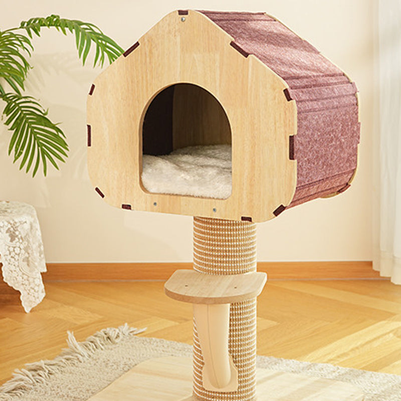 Contemporary Scandinavian Square Medium-Density Fiberboard Sisal Mat Felt Treehouse-Style Cat Tree 2-Tier For Living Room