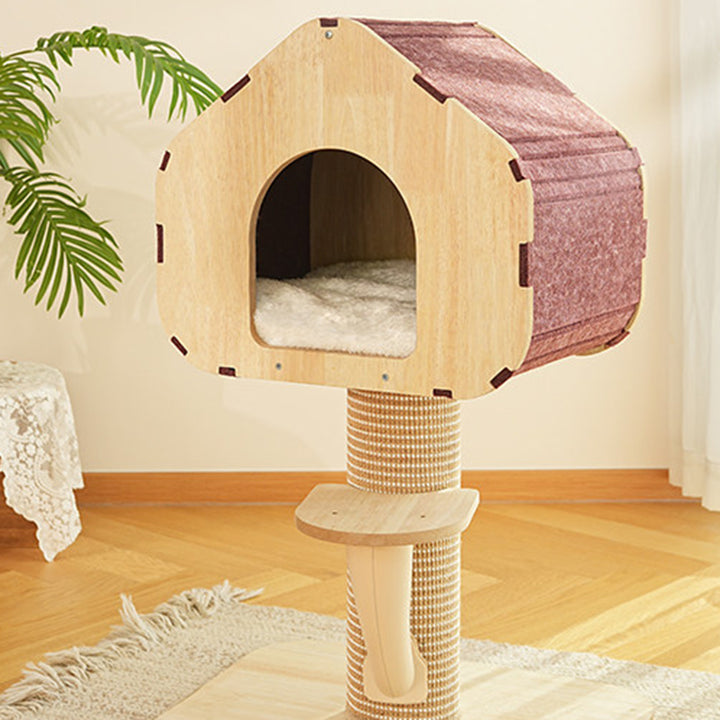 Contemporary Scandinavian Square Medium-Density Fiberboard Sisal Mat Felt Treehouse-Style Cat Tree 2-Tier For Living Room