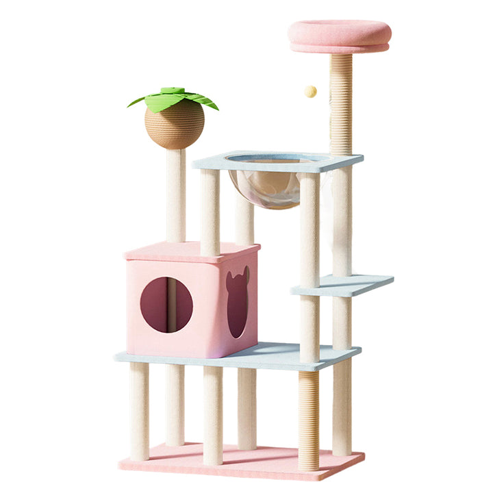 Arbre à chat contemporain créatif rectangulaire en panneau de fibres à densité moyenne, tissu velours, sisal et acrylique, multifonctionnel pour salon 