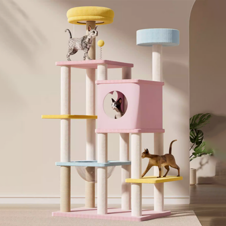 Arbre à chat contemporain créatif rectangulaire en panneau de fibres à densité moyenne, tissu velours, sisal et acrylique, multifonctionnel pour salon 
