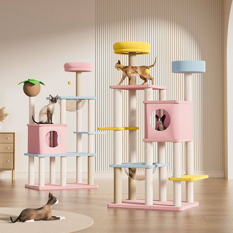 Arbre à chat contemporain créatif rectangulaire en panneau de fibres à densité moyenne, tissu velours, sisal et acrylique, multifonctionnel pour salon 