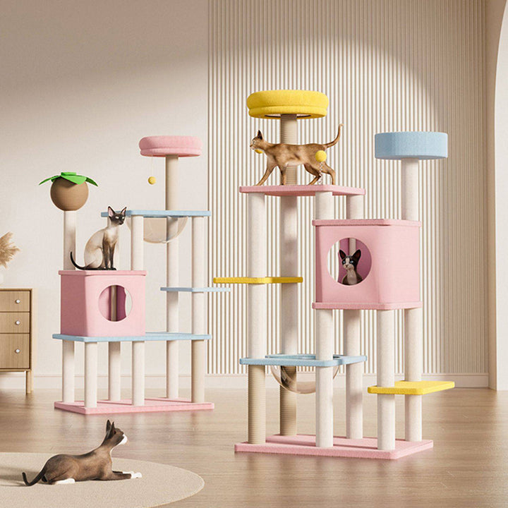 Arbre à chat contemporain créatif rectangulaire en panneau de fibres à densité moyenne, tissu velours, sisal et acrylique, multifonctionnel pour salon 