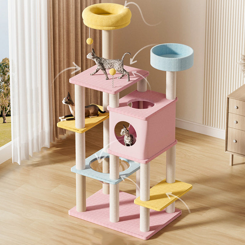 Arbre à chat contemporain créatif rectangulaire en panneau de fibres à densité moyenne, tissu velours, sisal et acrylique, multifonctionnel pour salon 