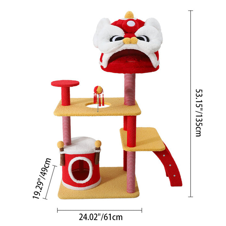 Arbre à chat contemporain créatif rectangulaire en panneau de particules, tissu velours, sisal, en forme de lion chinois, pour salon 