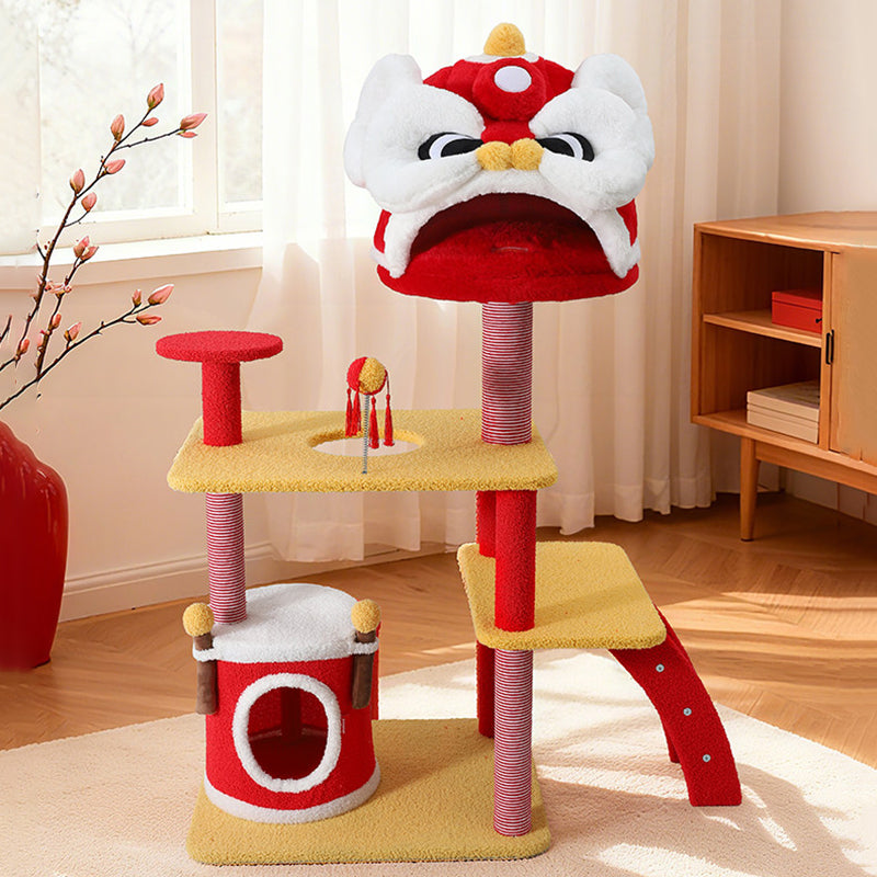 Arbre à chat contemporain créatif rectangulaire en panneau de particules, tissu velours, sisal, en forme de lion chinois, pour salon 