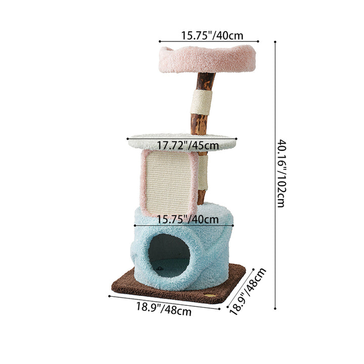 Arbre à chat contemporain et créatif en panneaux de particules ronds, bois fruitier naturel, tissu velours et sisal pour salon 