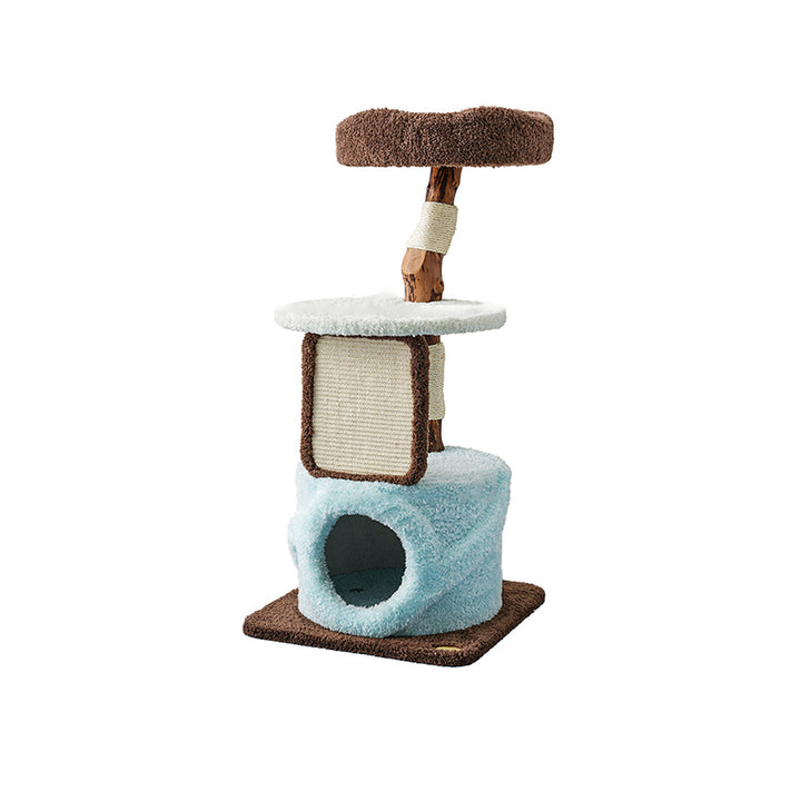 Arbre à chat contemporain et créatif en panneaux de particules ronds, bois fruitier naturel, tissu velours et sisal pour salon 