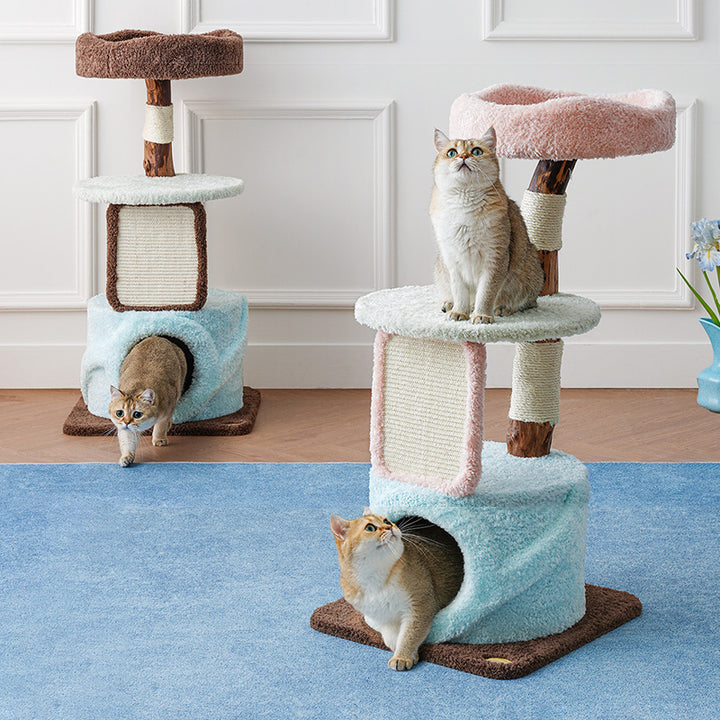 Arbre à chat contemporain et créatif en panneaux de particules ronds, bois fruitier naturel, tissu velours et sisal pour salon 