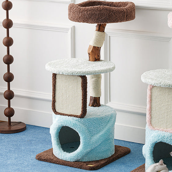 Arbre à chat contemporain et créatif en panneaux de particules ronds, bois fruitier naturel, tissu velours et sisal pour salon 