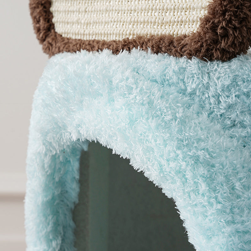 Arbre à chat contemporain et créatif en panneaux de particules ronds, bois fruitier naturel, tissu velours et sisal pour salon 