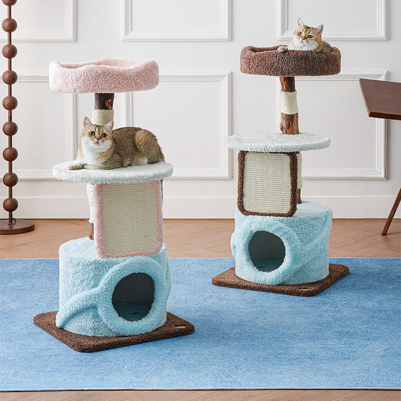 Arbre à chat contemporain et créatif en panneaux de particules ronds, bois fruitier naturel, tissu velours et sisal pour salon 