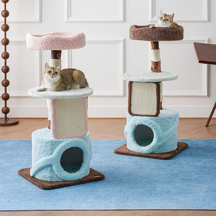 Arbre à chat contemporain et créatif en panneaux de particules ronds, bois fruitier naturel, tissu velours et sisal pour salon 