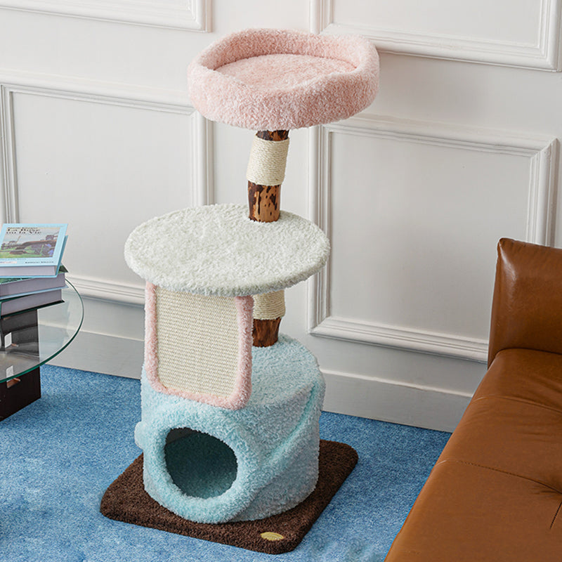 Arbre à chat contemporain et créatif en panneaux de particules ronds, bois fruitier naturel, tissu velours et sisal pour salon 
