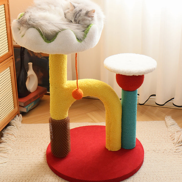 Arbre à chat contemporain créatif en panneau de fibres de densité moyenne, plastique, tissu velours, sisal, pour salon 