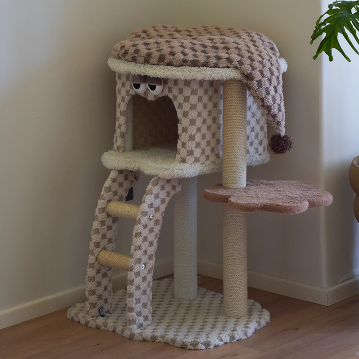 Zeitgenössischer kreativer quadratischer Spanplatten-Samtstoff-Hanfseil-Kratzbaum für das Wohnzimmer 