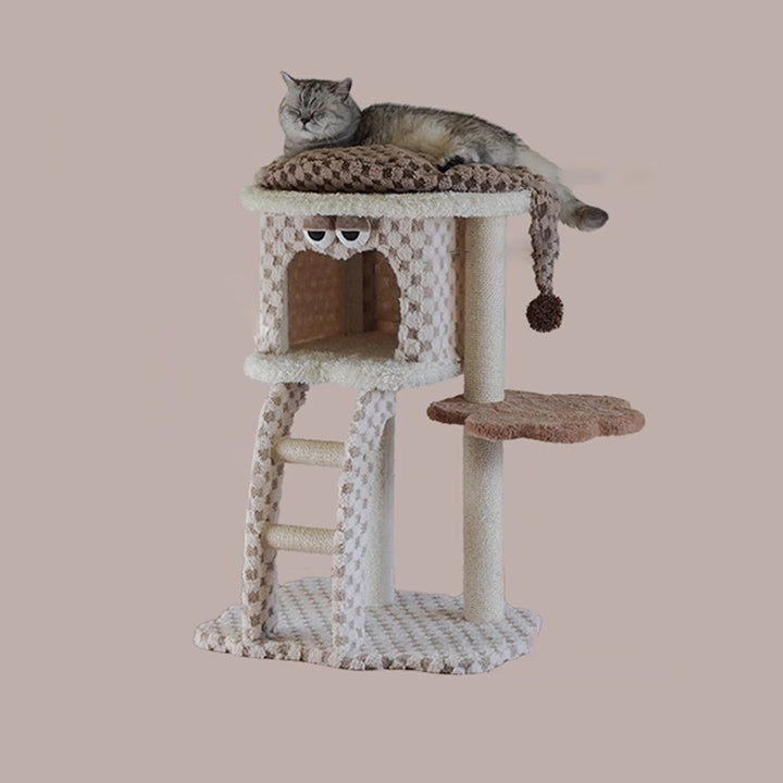Zeitgenössischer kreativer quadratischer Spanplatten-Samtstoff-Hanfseil-Kratzbaum für das Wohnzimmer 