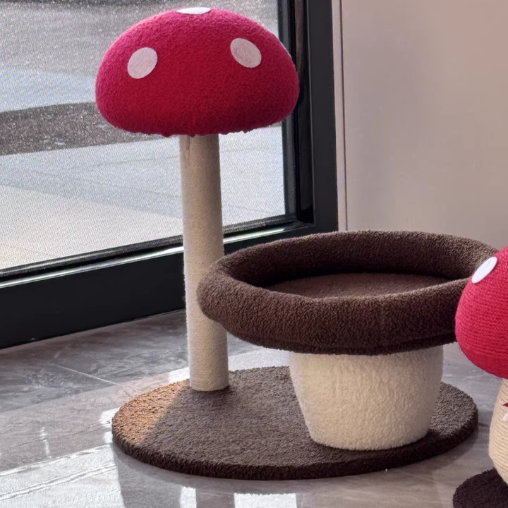 Árbol para gatos en forma de hongo de fibra de densidad media redonda creativa contemporánea con tela de terciopelo y espuma de sisal para la sala de estar 