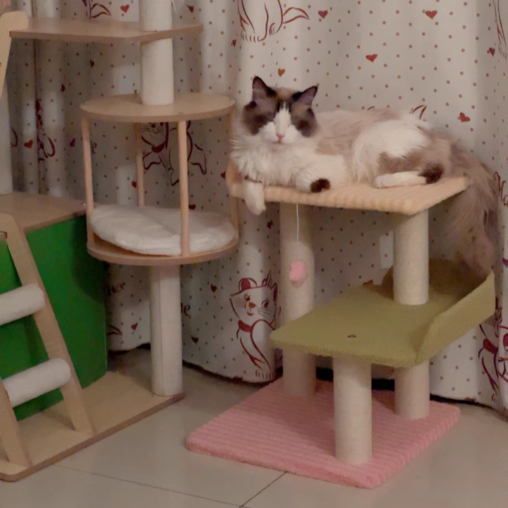 Zeitgenössischer kreativer quadratischer MDF-Polyesterfaser-Hanfseil-Kratzbaum 3-stufig für das Wohnzimmer 