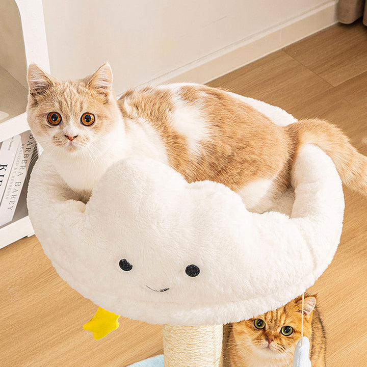 Árbol para gatos contemporáneo creativo redondo de aglomerado de partículas con tela de terciopelo y sisal nube de 2/3 niveles para sala de estar 