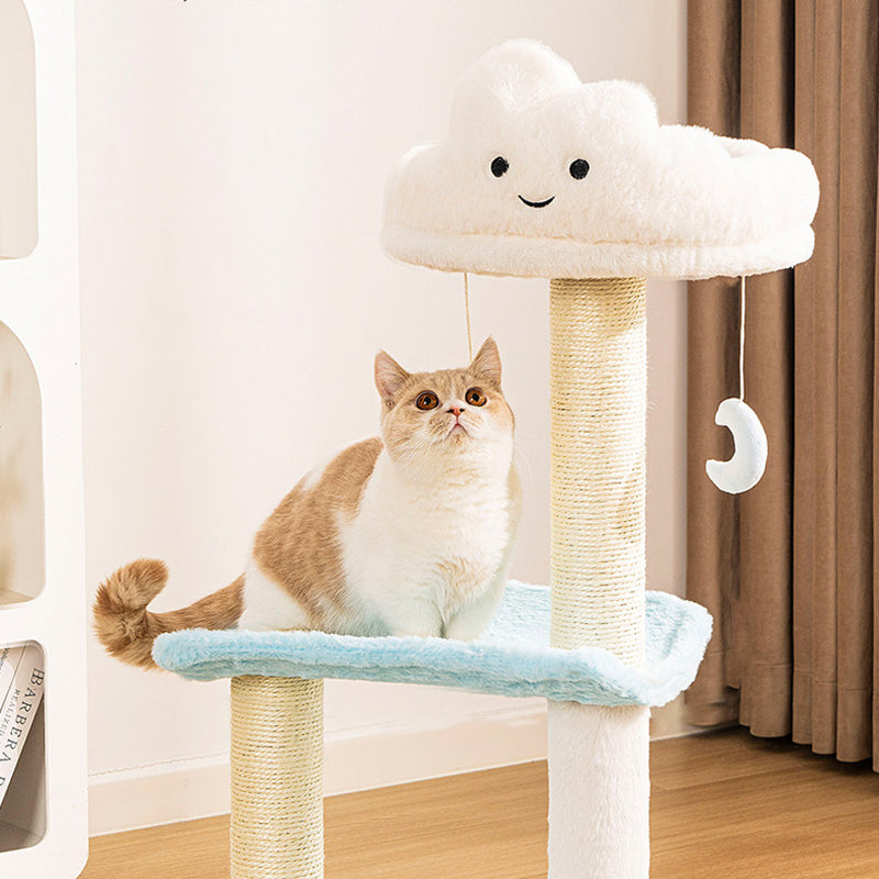 Árbol para gatos contemporáneo creativo redondo de aglomerado de partículas con tela de terciopelo y sisal nube de 2/3 niveles para sala de estar 