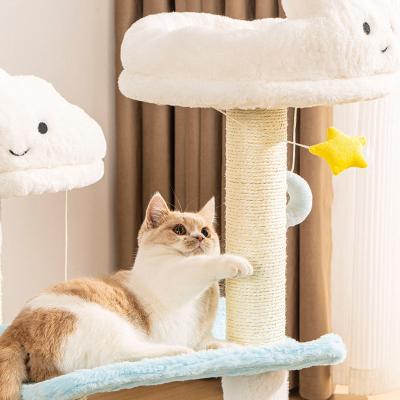 Árbol para gatos contemporáneo creativo redondo de aglomerado de partículas con tela de terciopelo y sisal nube de 2/3 niveles para sala de estar 