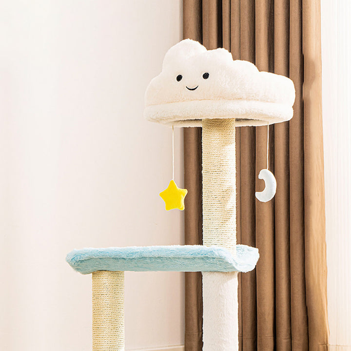 Árbol para gatos contemporáneo creativo redondo de aglomerado de partículas con tela de terciopelo y sisal nube de 2/3 niveles para sala de estar 