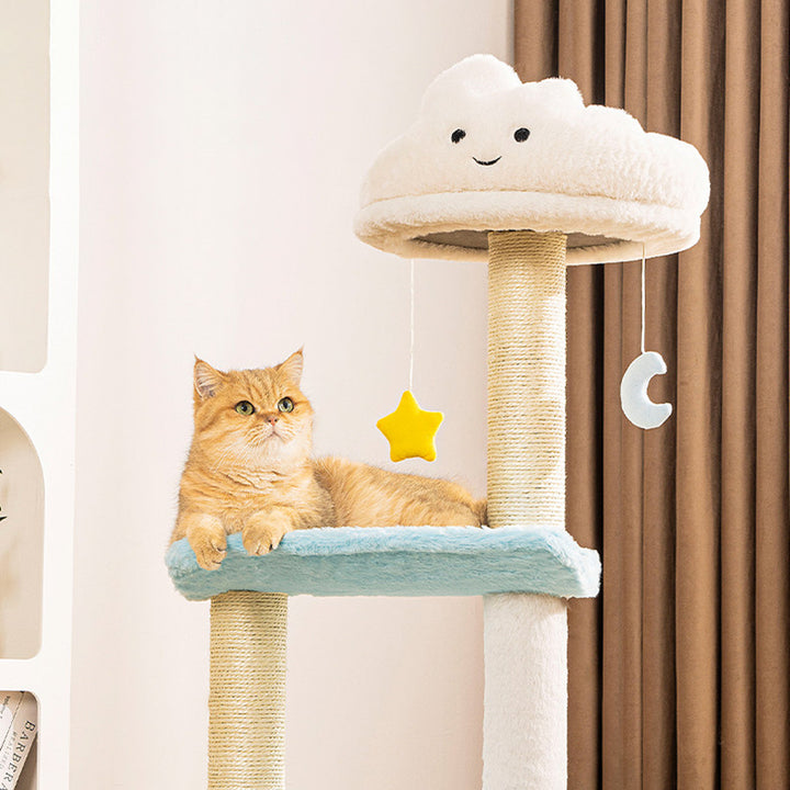 Árbol para gatos contemporáneo creativo redondo de aglomerado de partículas con tela de terciopelo y sisal nube de 2/3 niveles para sala de estar 