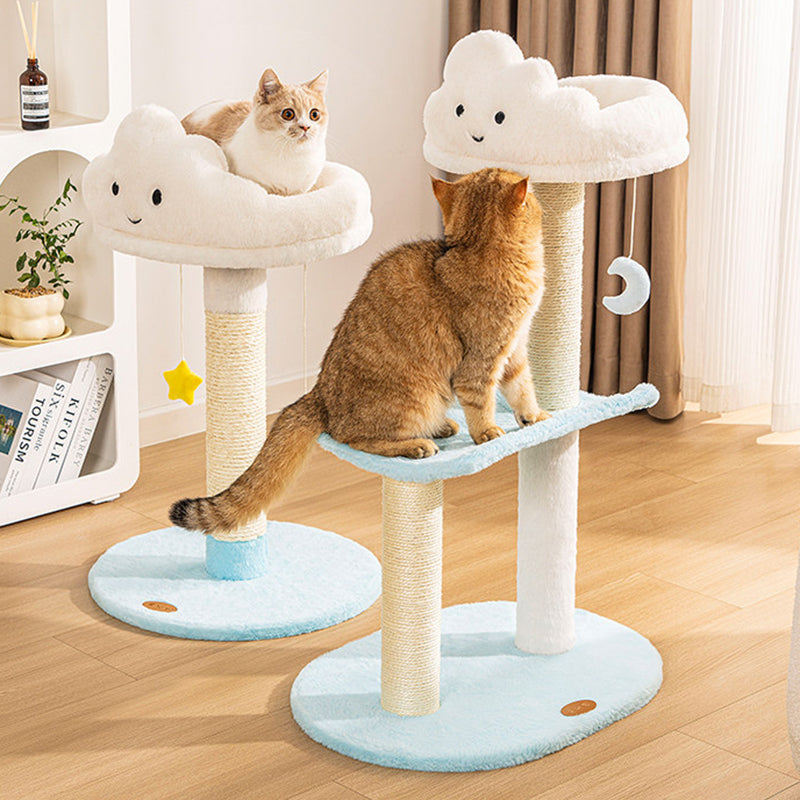 Árbol para gatos contemporáneo creativo redondo de aglomerado de partículas con tela de terciopelo y sisal nube de 2/3 niveles para sala de estar 
