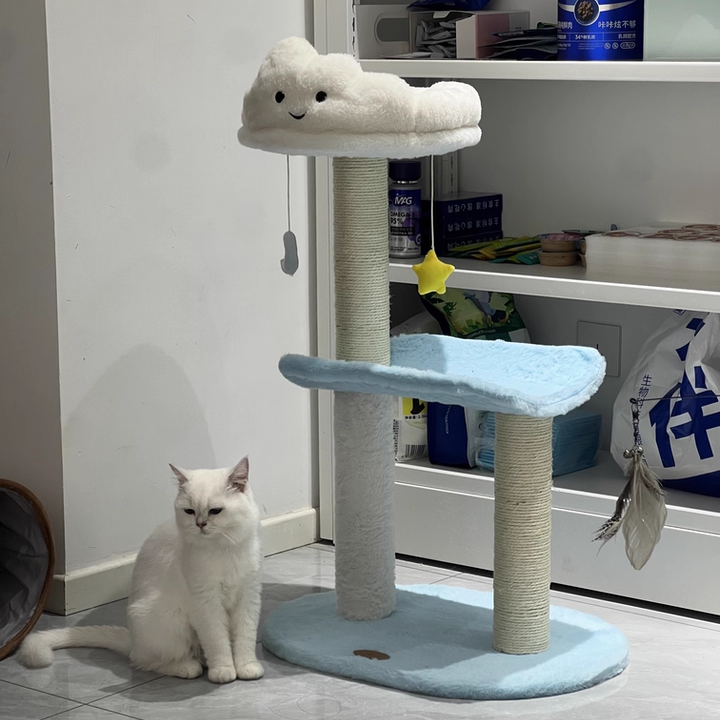 Árbol para gatos contemporáneo creativo redondo de aglomerado de partículas con tela de terciopelo y sisal nube de 2/3 niveles para sala de estar 