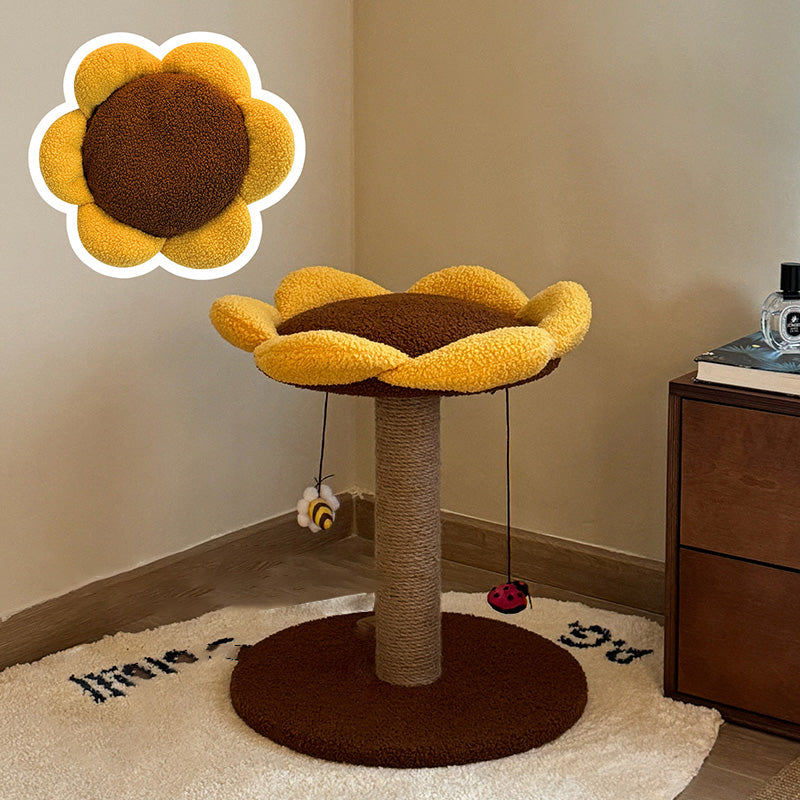 Árbol para gatos contemporáneo creativo redondo de aglomerado con tela de terciopelo y sisal en forma de girasol de 2/3 niveles para sala de estar 