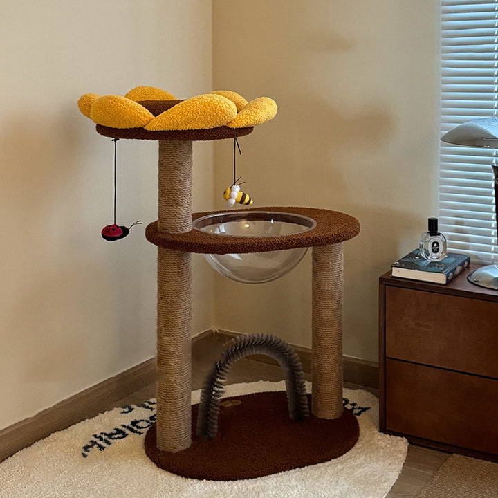 Árbol para gatos contemporáneo creativo redondo de aglomerado con tela de terciopelo y sisal en forma de girasol de 2/3 niveles para sala de estar 
