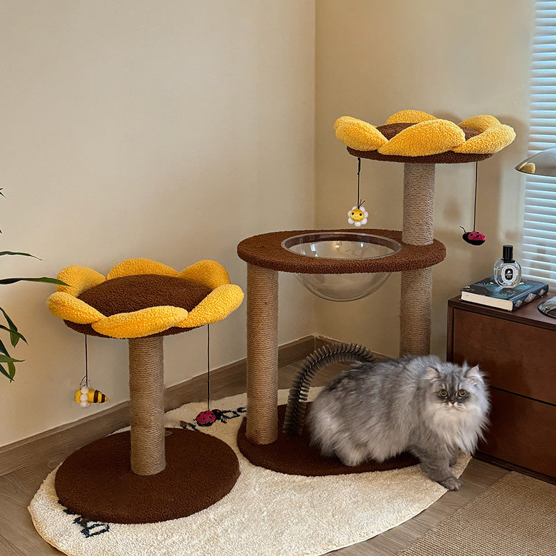 Árbol para gatos contemporáneo creativo redondo de aglomerado con tela de terciopelo y sisal en forma de girasol de 2/3 niveles para sala de estar 