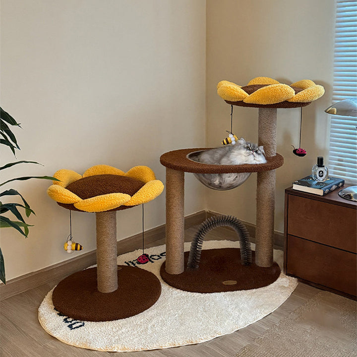 Árbol para gatos contemporáneo creativo redondo de aglomerado con tela de terciopelo y sisal en forma de girasol de 2/3 niveles para sala de estar 