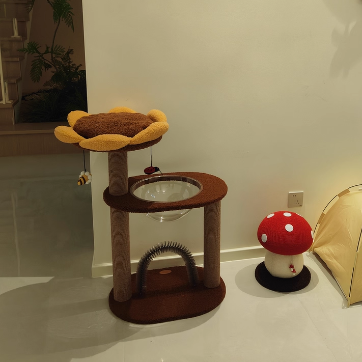 Árbol para gatos contemporáneo creativo redondo de aglomerado con tela de terciopelo y sisal en forma de girasol de 2/3 niveles para sala de estar 