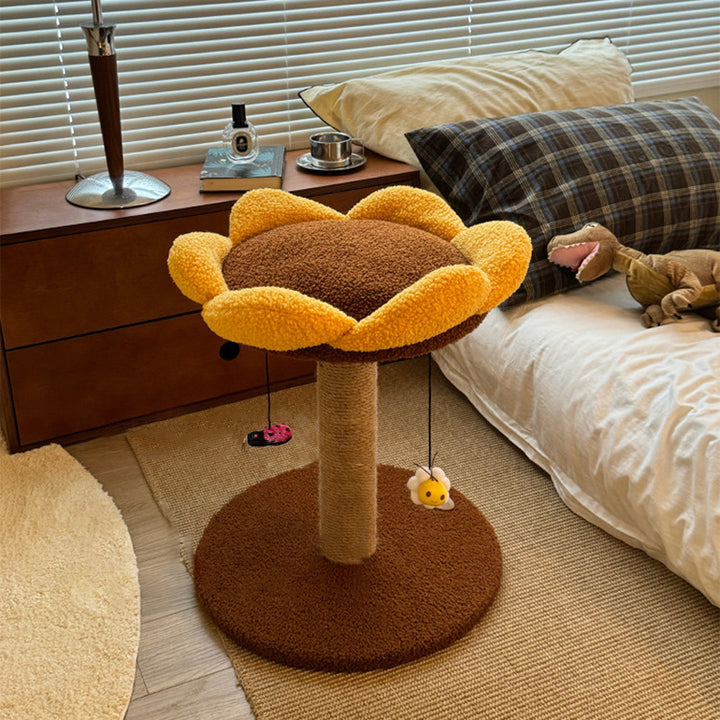 Árbol para gatos contemporáneo creativo redondo de aglomerado con tela de terciopelo y sisal en forma de girasol de 2/3 niveles para sala de estar 