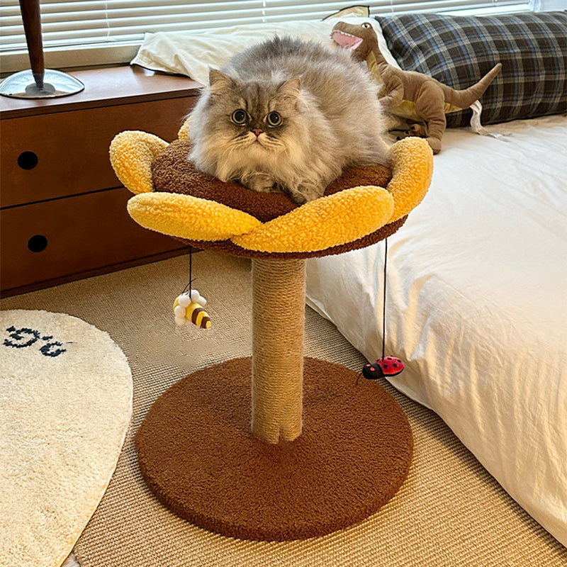 Árbol para gatos contemporáneo creativo redondo de aglomerado con tela de terciopelo y sisal en forma de girasol de 2/3 niveles para sala de estar 