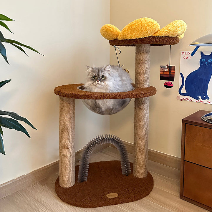 Árbol para gatos contemporáneo creativo redondo de aglomerado con tela de terciopelo y sisal en forma de girasol de 2/3 niveles para sala de estar 