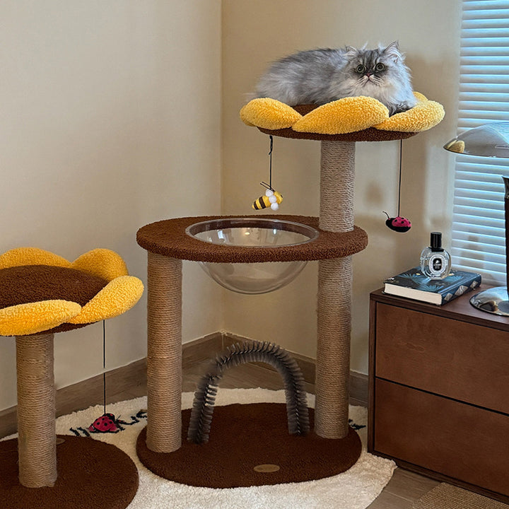 Árbol para gatos contemporáneo creativo redondo de aglomerado con tela de terciopelo y sisal en forma de girasol de 2/3 niveles para sala de estar 