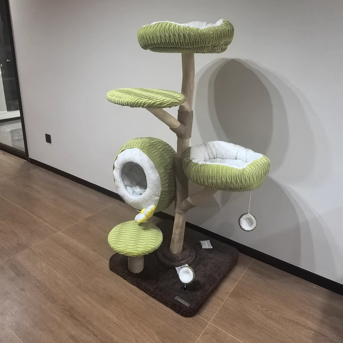 Árbol para gatos contemporáneo y creativo de 5 niveles hecho de tablero de partículas de madera de fruta natural, tela de terciopelo, sisal y coco para sala de estar 