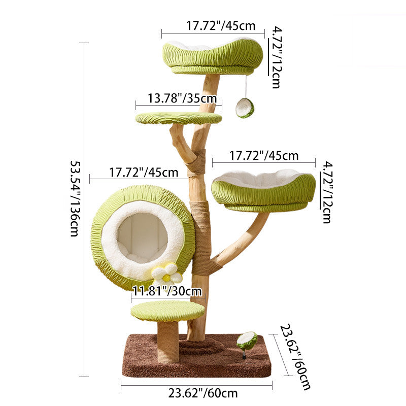 Árbol para gatos contemporáneo y creativo de 5 niveles hecho de tablero de partículas de madera de fruta natural, tela de terciopelo, sisal y coco para sala de estar 