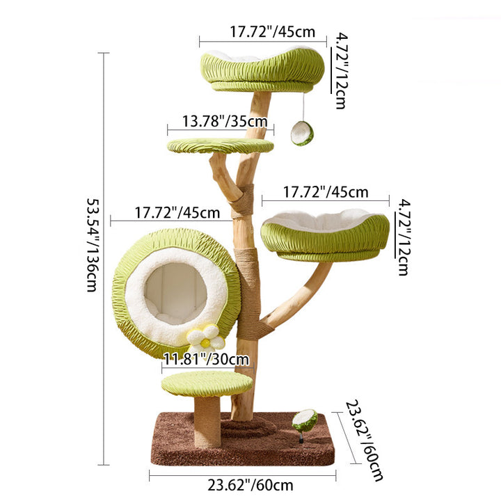 Árbol para gatos contemporáneo y creativo de 5 niveles hecho de tablero de partículas de madera de fruta natural, tela de terciopelo, sisal y coco para sala de estar 