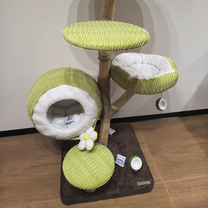 Árbol para gatos contemporáneo y creativo de 5 niveles hecho de tablero de partículas de madera de fruta natural, tela de terciopelo, sisal y coco para sala de estar 