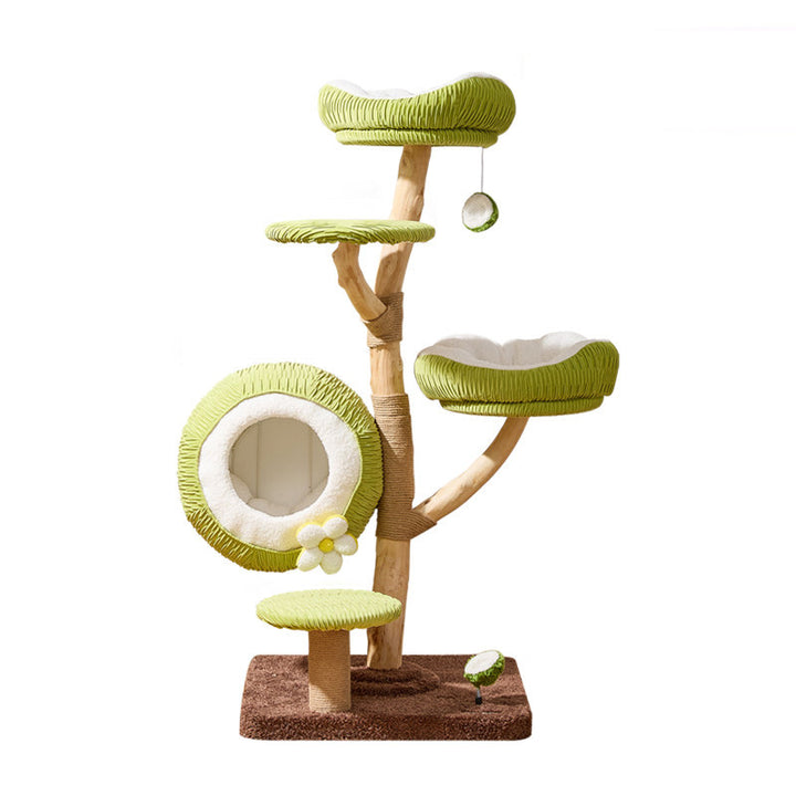 Árbol para gatos contemporáneo y creativo de 5 niveles hecho de tablero de partículas de madera de fruta natural, tela de terciopelo, sisal y coco para sala de estar 