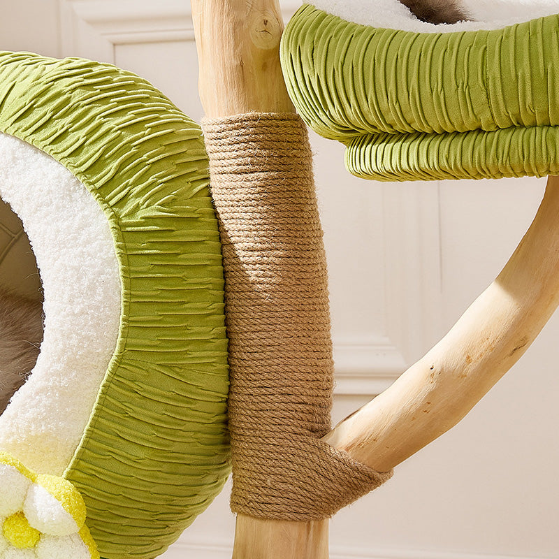 Árbol para gatos contemporáneo y creativo de 5 niveles hecho de tablero de partículas de madera de fruta natural, tela de terciopelo, sisal y coco para sala de estar 