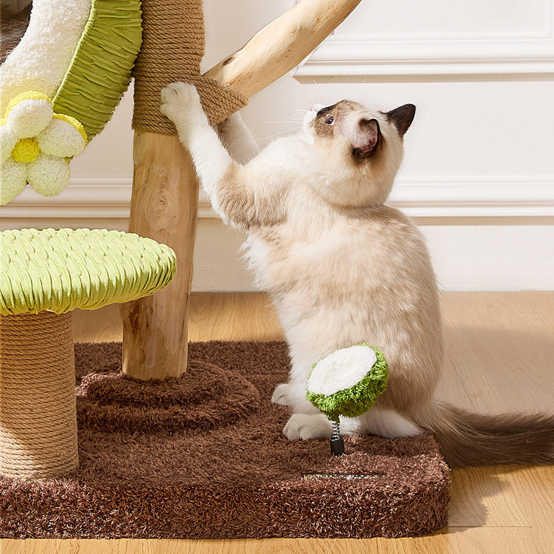 Árbol para gatos contemporáneo y creativo de 5 niveles hecho de tablero de partículas de madera de fruta natural, tela de terciopelo, sisal y coco para sala de estar 