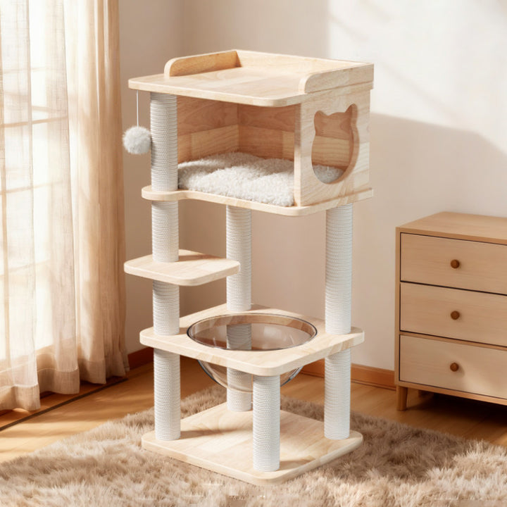 Árbol para gatos de 4 niveles de madera maciza de pino cuadrado escandinavo contemporáneo con cuerda de cáñamo y tubo de papel para sala de estar 