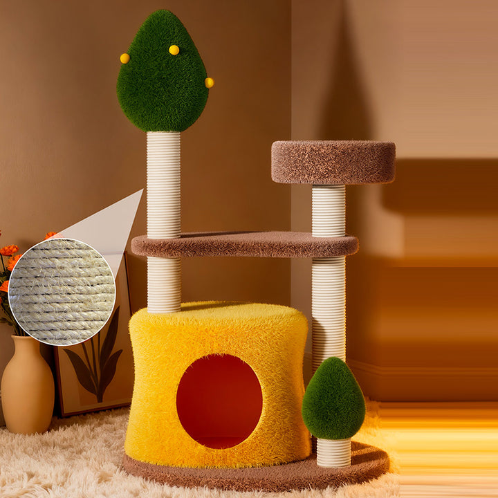 Árbol para gatos contemporáneo y creativo de fibra de densidad media redonda con tela de terciopelo de sisal de 3 niveles para sala de estar 