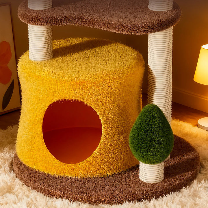 Árbol para gatos contemporáneo y creativo de fibra de densidad media redonda con tela de terciopelo de sisal de 3 niveles para sala de estar 