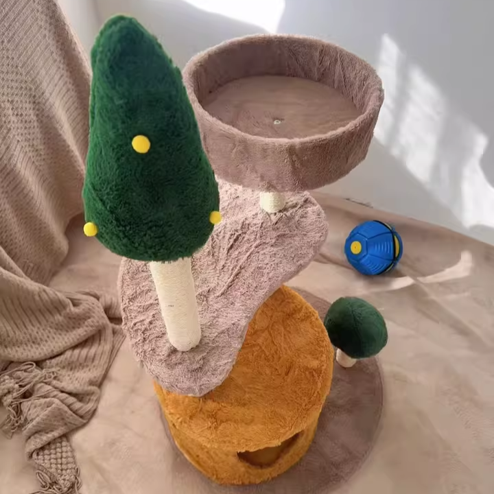 Árbol para gatos contemporáneo y creativo de fibra de densidad media redonda con tela de terciopelo de sisal de 3 niveles para sala de estar 